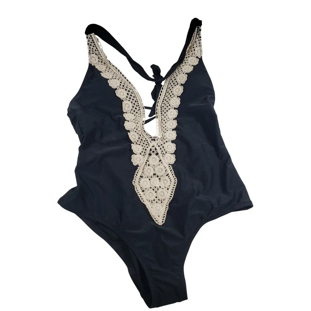 Kona Sol Womens Crochet Lace V-Neck One Piece‎ Swimsuit Size M Black